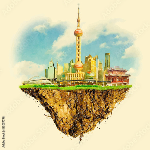 SHANGHAI city on floating land vector water color illustration