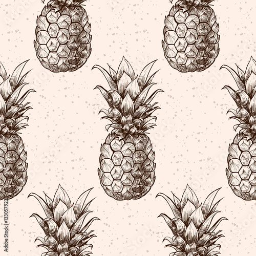 Vector pineapples hand drawn sketch.  Vector seamless pattern.  Vintage style