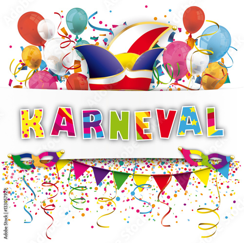 Karneval Banner mit Luftballons, Narrenkappe, Konfetti und Masken 