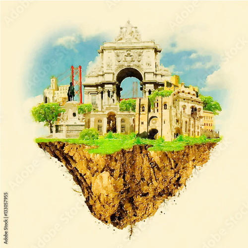 LISBON city on floating land high resolution water color illustr