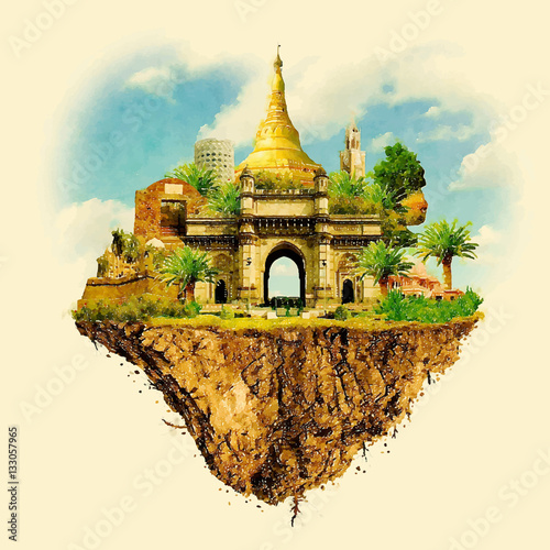 BOMBAY city on floating land vector water color illustration