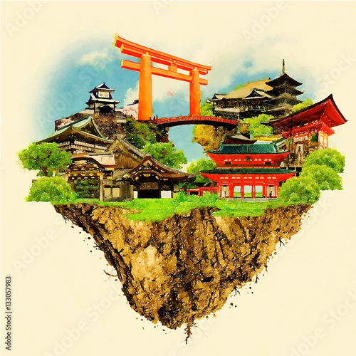 KYOTO city on floating land high resolution water color illustra
