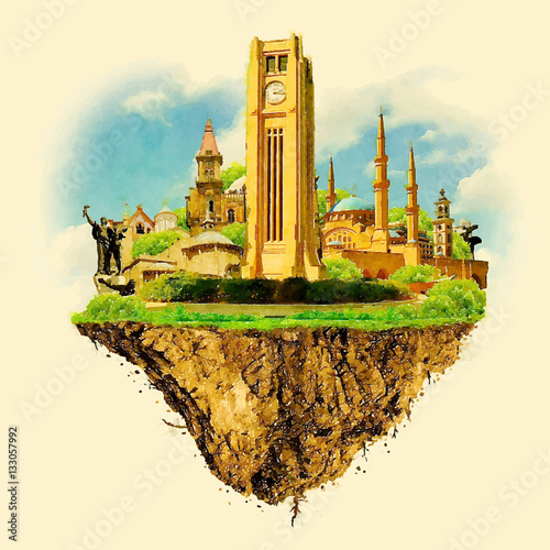 BEIRUT city on floating land vector water color illustration