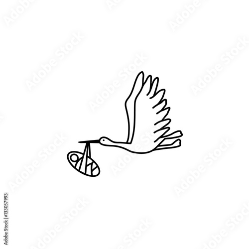 Flying stork carrying a baby