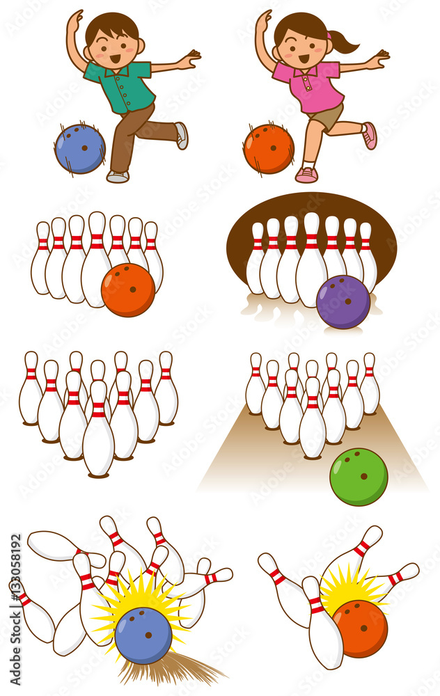 Naklejka premium ボウリングのピンとボウルと人物のイメージイラストセット