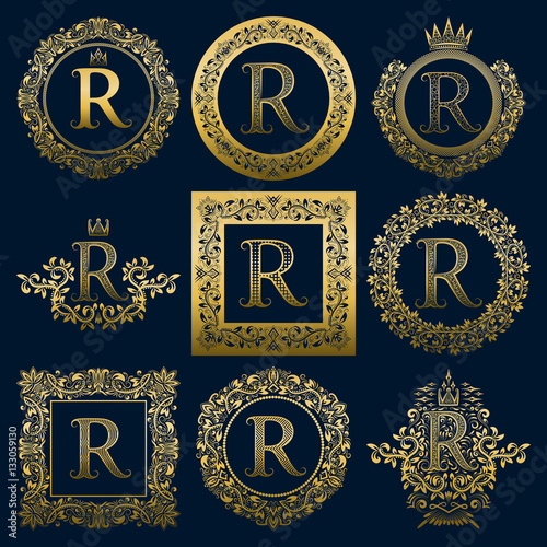 Vintage monograms set of R letter. Golden heraldic logos in wreaths  round and square frames.