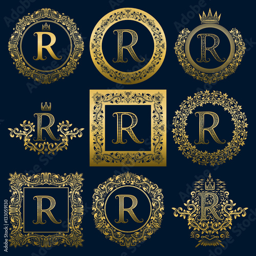 Vintage monograms set of R letter. Golden heraldic logos in wreaths, round and square frames.