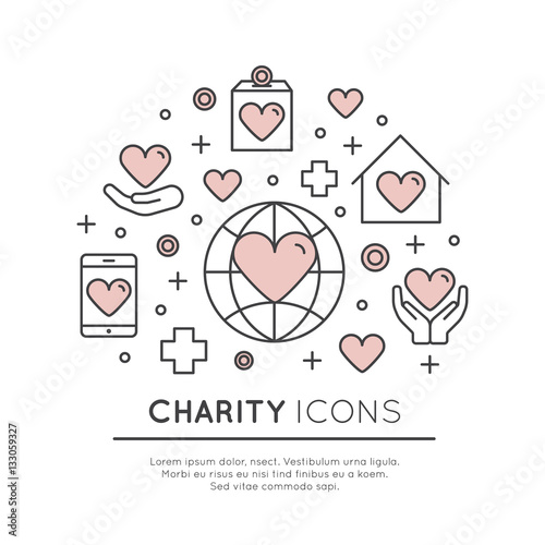 Vector Icon Style Illustration Set of Graphic Elements for Nonprofit Organizations and Donation Centre. Fundraising Symbols, Crowdfunding Project Label, Charity Logo