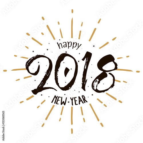 2018 Happy New Year. Beautiful greeting card calligraphy black text word gold fireworks. Hand drawn invitation T-shirt print design. Handwritten modern brush lettering white background isolated vector