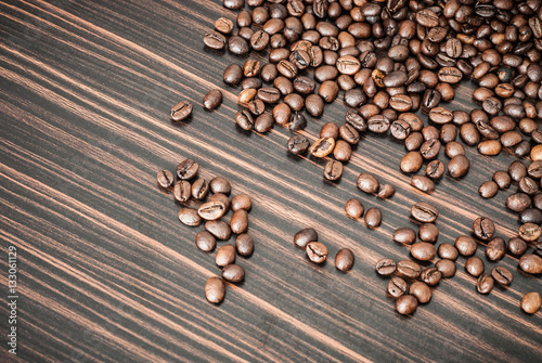 Coffee beans concept on wooden table background.