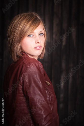 Woman with red leather jacket