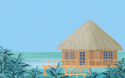 Bungalows on the ocean surrounded by tropical plants. South sea landscape. Vector background