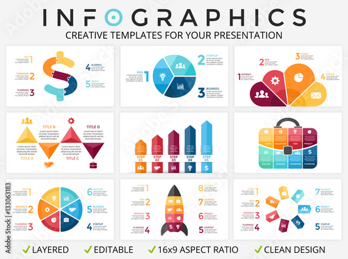 Vector circle arrows infographic, cycle diagram, graph, presentation chart. Business concept with 3, 4, 5, 6, 7, 8 options, parts, steps, processes. 16x9 slide.