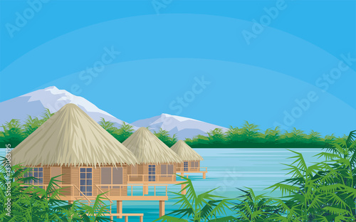Bungalows on the ocean surrounded by tropical plants. South sea landscape. Vector background