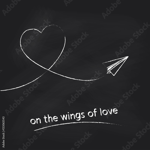 Vector paper plane with heart track on black chalkboard background. Concept for Valentines day design.