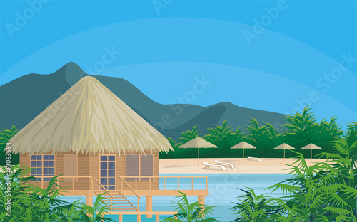 Bungalows on the ocean surrounded by tropical plants. South sea landscape. Vector background
