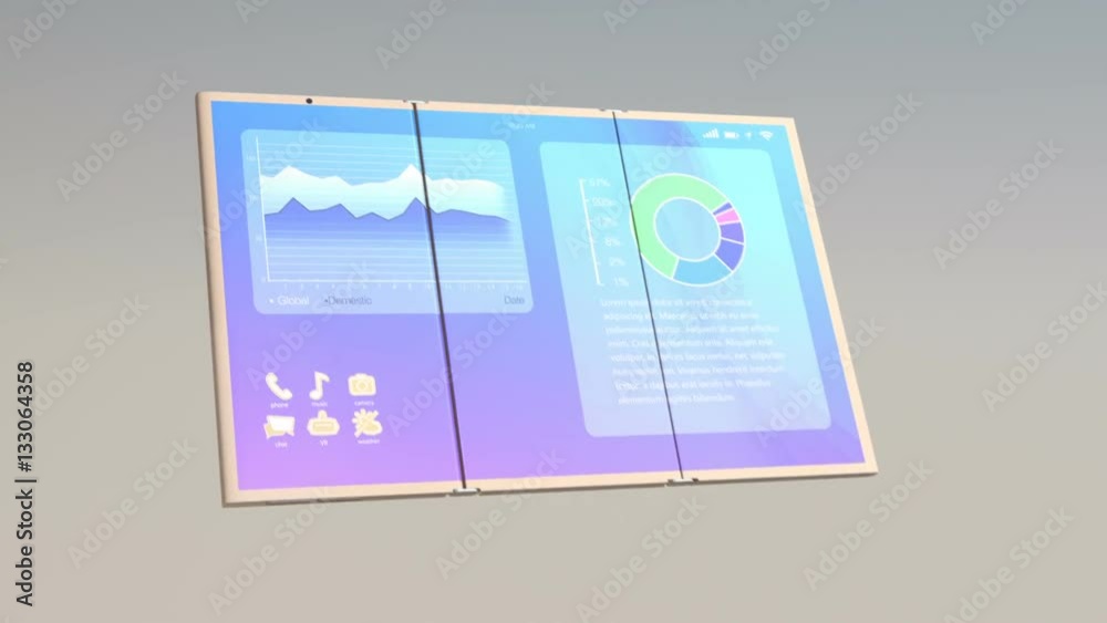 3D animation demonstrate foldable smart phone transform into a tablet PC. Original design.