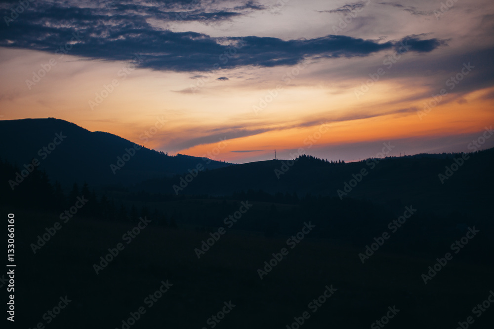 Sunset in the Carpathian mountains. Beautiful mountain view.