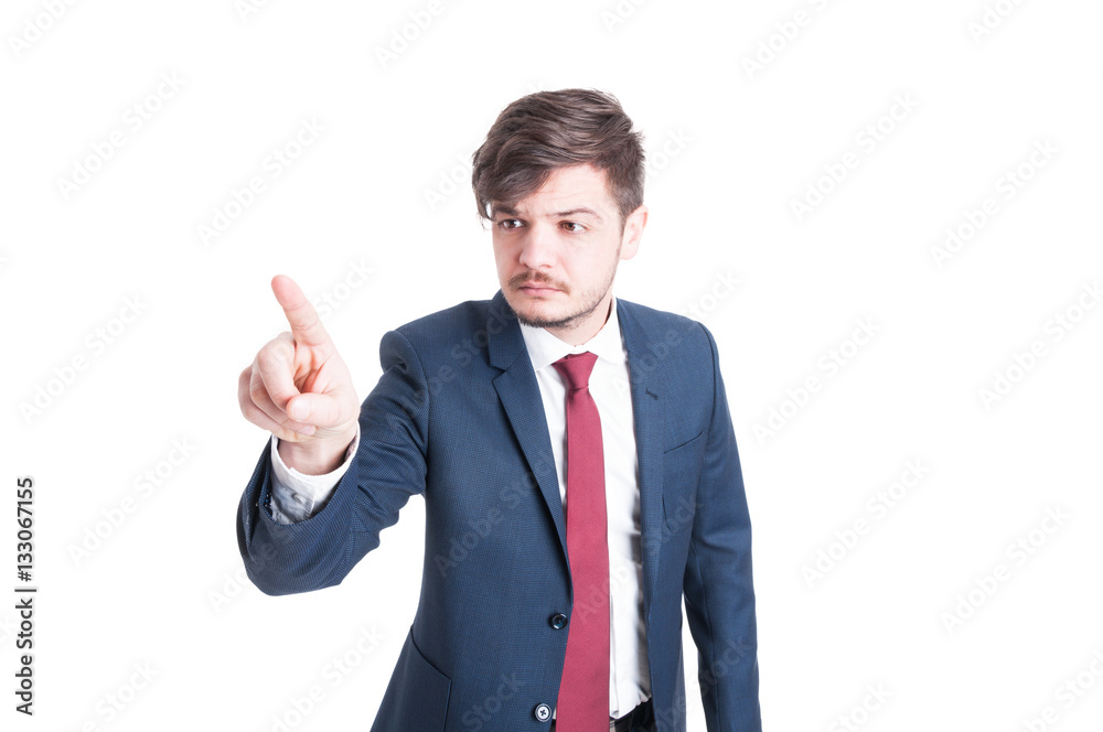 Business man standing browsing invisible screen Business man standing browsing invisible screen
