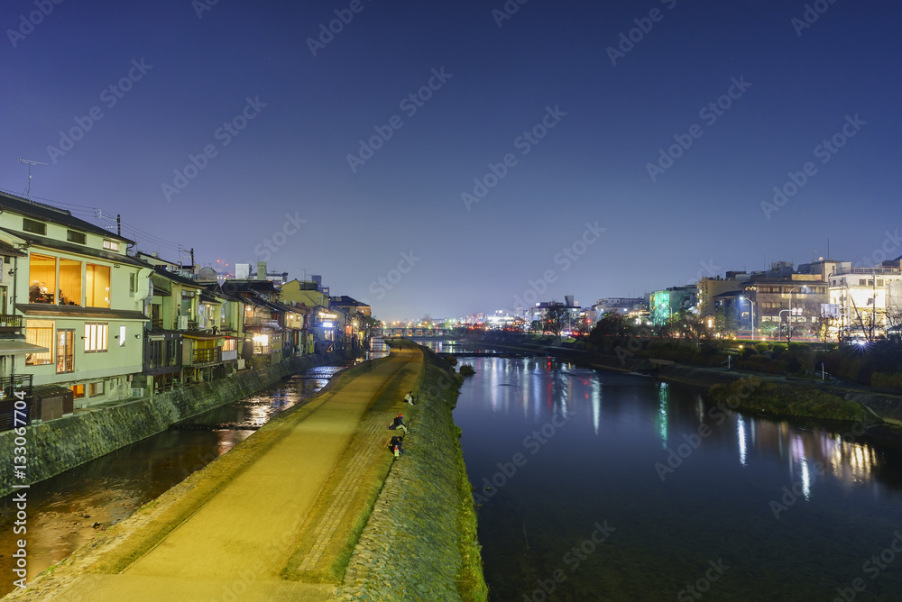 Night view of Kamo River and cityscape