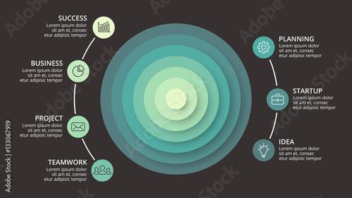 Vector circle arrows infographic, cycle diagram, graph, presentation chart. Business concept with 7 options, parts, steps, processes. 16x9 slide. Abstract 3d perspective layred pyramid.