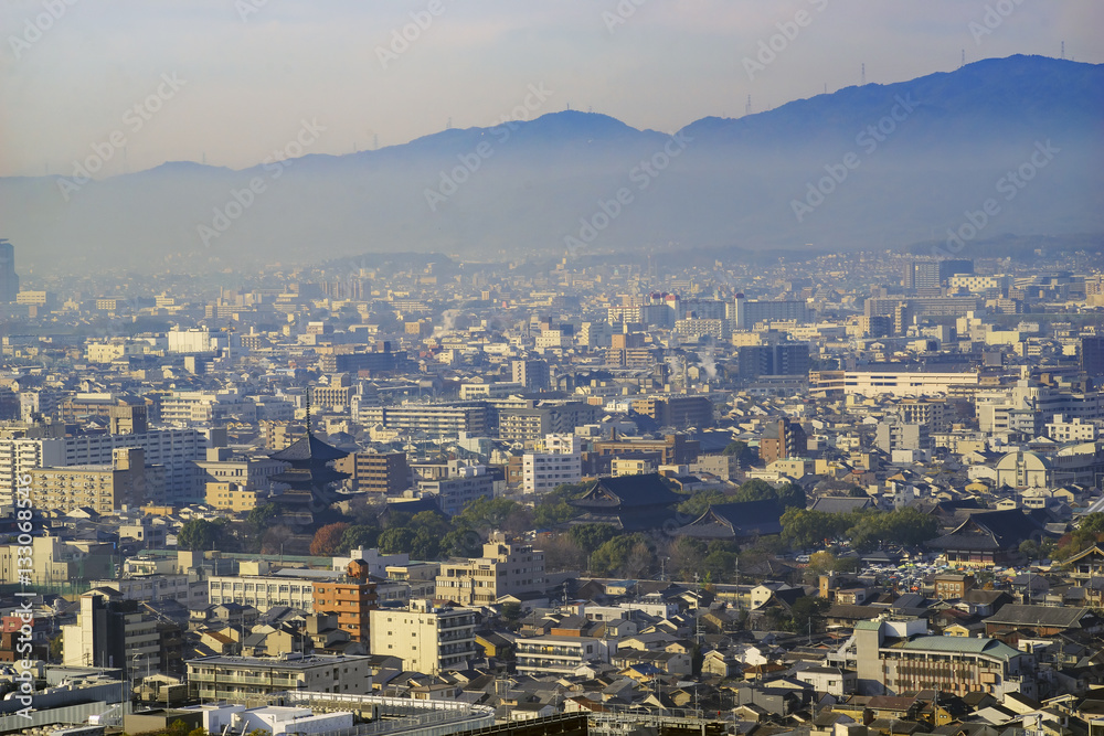 Aerial view of To Ji and Kyoto downtown cityscape