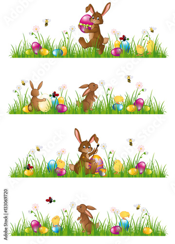 Happy Easter banners with Easter bunny and chicks