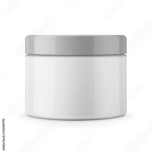 Round white glossy plastic jar for cosmetics
