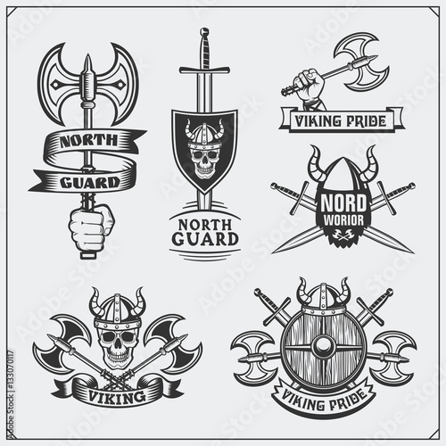 Set of viking labels, badges and emblems. Skulls and axes. Vintage style.