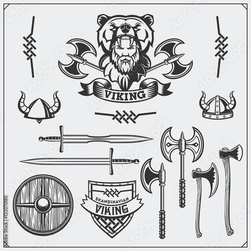 Viking set. Emblem, horned helmet, shield, sword and ax. Vintage style.