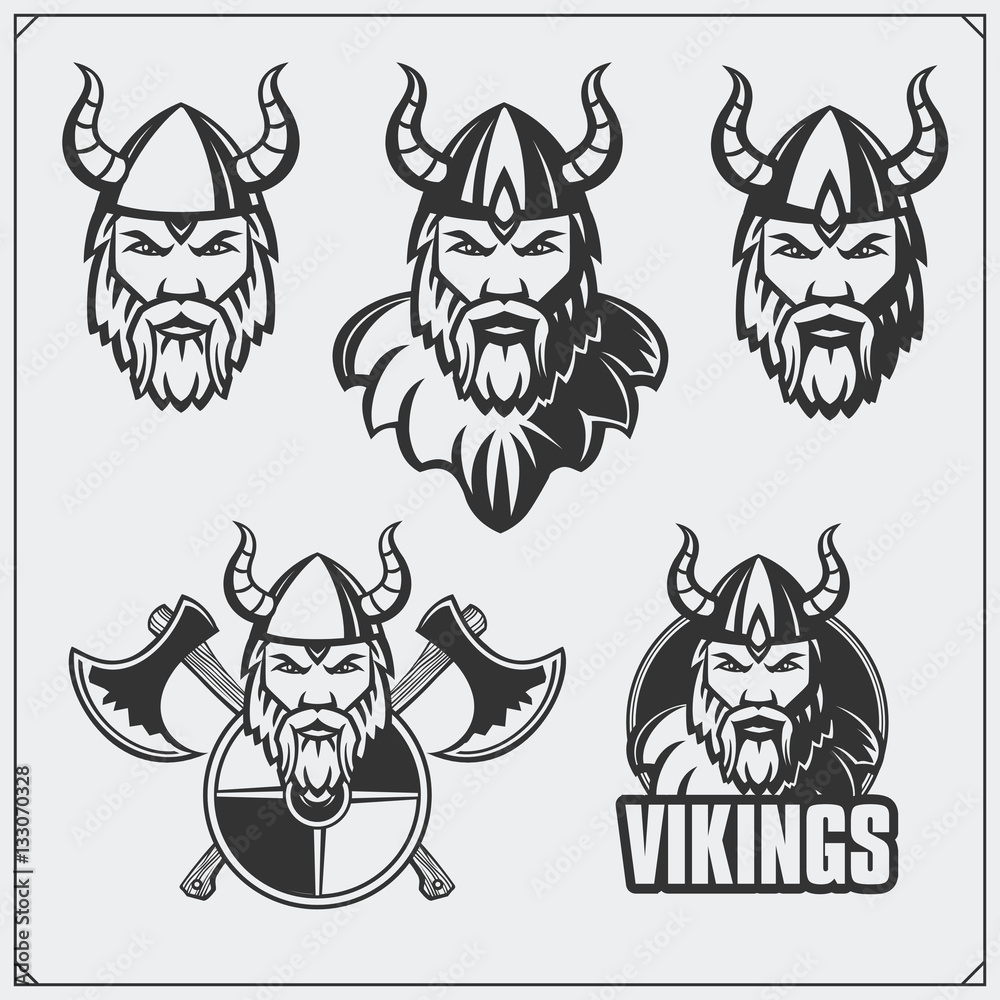 Set of viking emblems. Warriors a viking helmet. Vintage style.