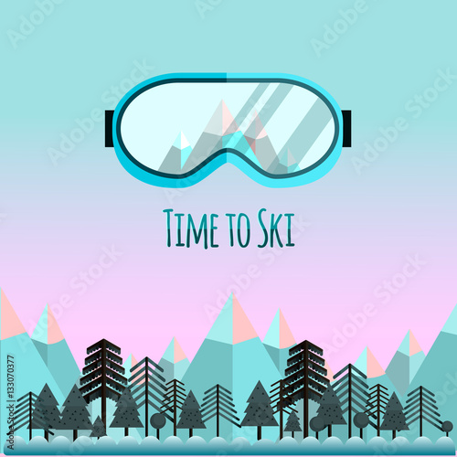 Ski goggles with reflection of mountains. Background with mountains and a forest.
