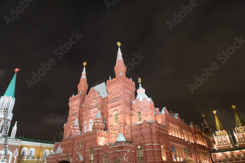 State Historical Museum on Red Square at night in Moscow, Russia
