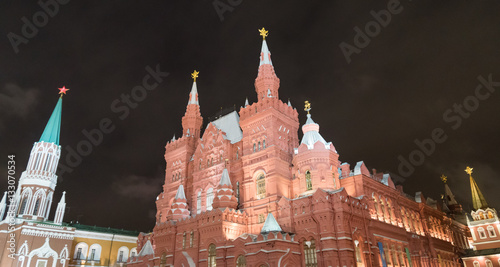 State Historical Museum on Red Square at night in Moscow, Russia