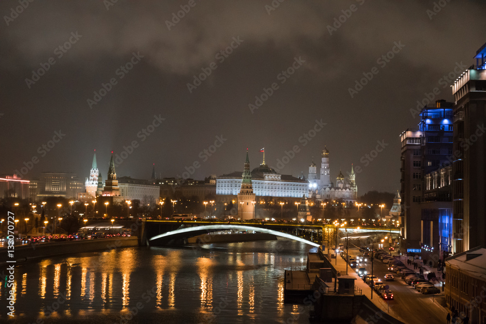 Moscow Kremlin at night. Popular tourist view of the main attraction of Moscow.
