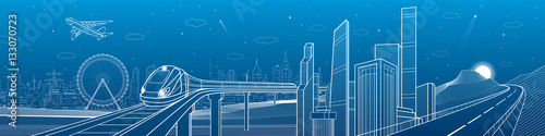 Highway in the mountains, city and transport mega panorama, train on the bridge, skyline, white lines landscape, night town, airplane fly, vector design art