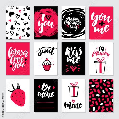 Valentines day gift card vector set. Hand drawn printable templates with lettering, texture, love quotes.