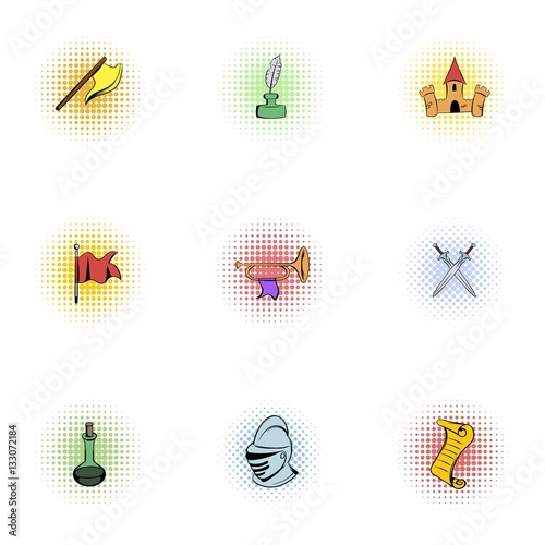 Military middle ages icons set, pop-art style