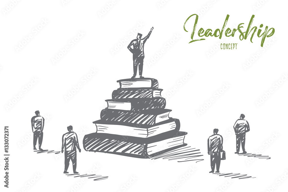 Vector hand drawn Leadership concept sketch with speaker standing on tribune made of books heap with his hand raised surrounded by audience