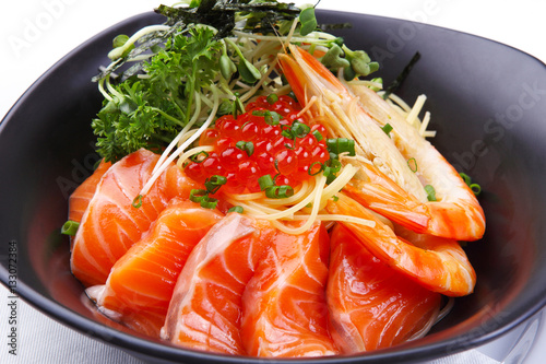 salmon sashimi with red caviar.