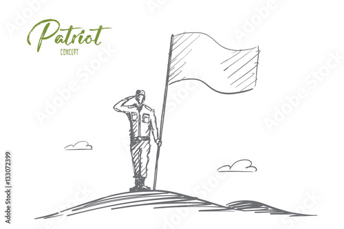 Vector hand drawn Patriot concept sketch with soldier in special uniform standing, salutting and holding big flag
