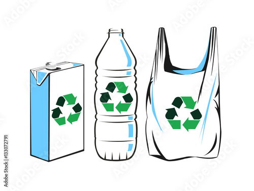 Vector image of plastic bag, carton, and bottle with recycling symbols