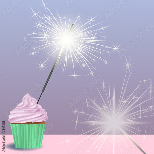 Invitation to the birthday party with a cupcake, sparklers