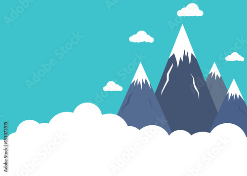 Flat style mountain peaks above clouds