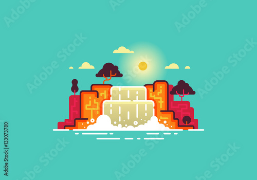 Summer landscape: waterfall with trees on a cloudy sky background. Modern thin line design. Vector flat illustration.