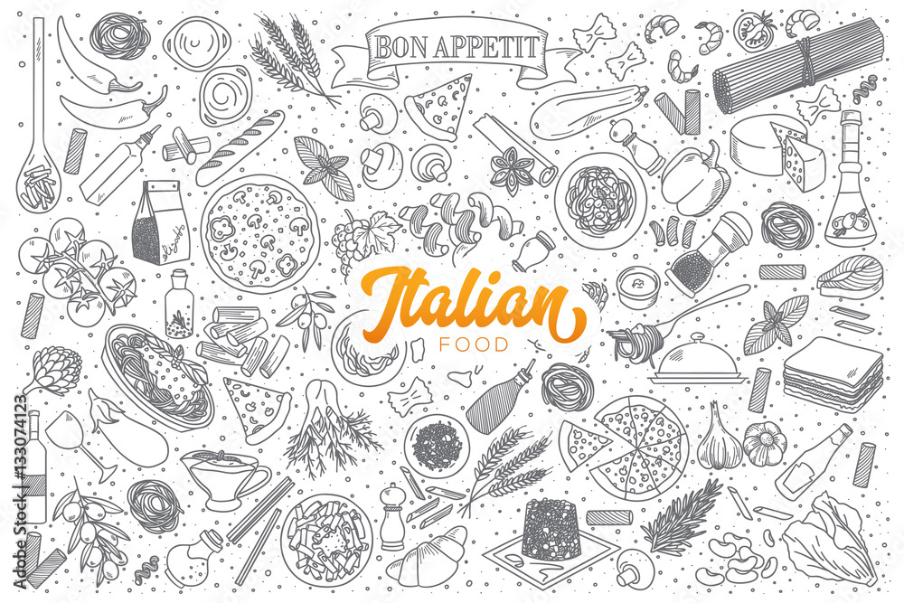 Fototapeta Ręcznie rysowane zestaw gryzmoły włoskie jedzenie z pomarańczowym napisem w wektorze