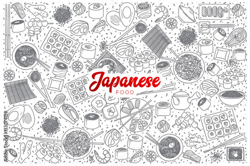 Hand drawn set of Japanese food doodles with red lettering in vector