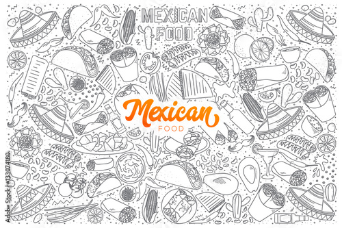 Fototapeta Naklejka Na Ścianę i Meble -  Hand drawn set of Mexican food doodles with orange lettering in vector