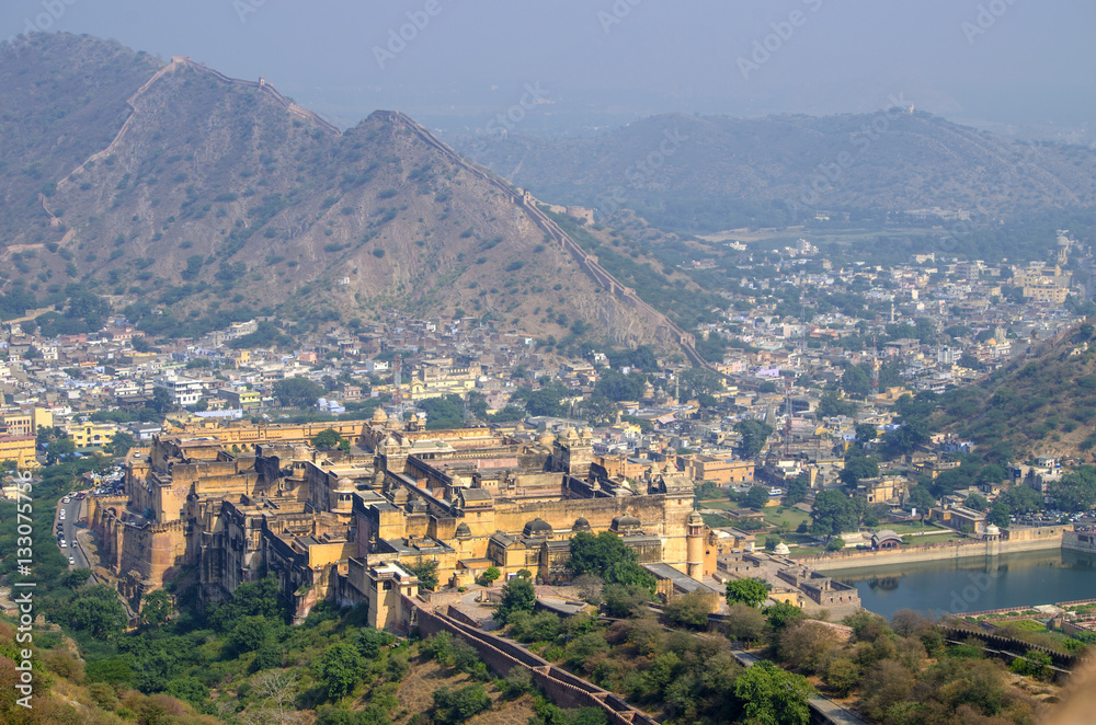 Landscape of the city of Jaipur with vicinities and a fort India in mountains
