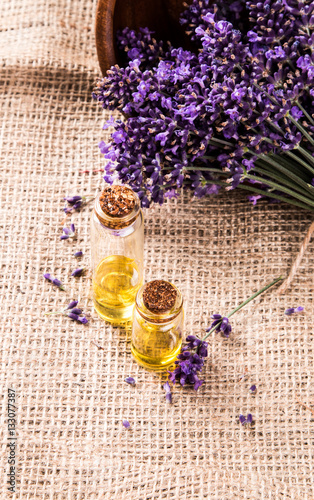 Lavender flower, oil on wooden background, Nature Lavender product 